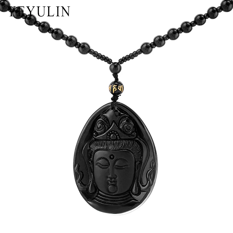 Чудесный резной кулон с изображением Будды и Гуаньинь Maitreya Lion Black Obsidian Lucky blession ожерелье ювелирные изделия для женщин и мужчин - Окраска металла: F