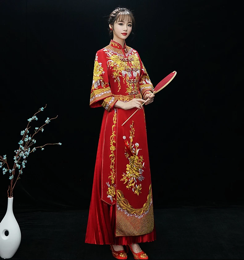 За рубежом китайский брак платье ручной Push вышивка цветок Cheongsam Vestidos невесты Свадебная вечеринка халат Hanfu одежда