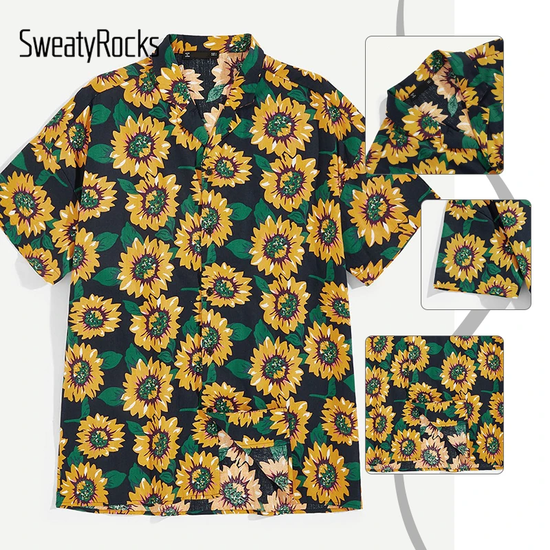 SweatyRocks Мужская рубашка с повторяющимся принтом подсолнуха уличная рубашка с коротким рукавом для отдыха модная одежда Летняя Повседневная рубашка