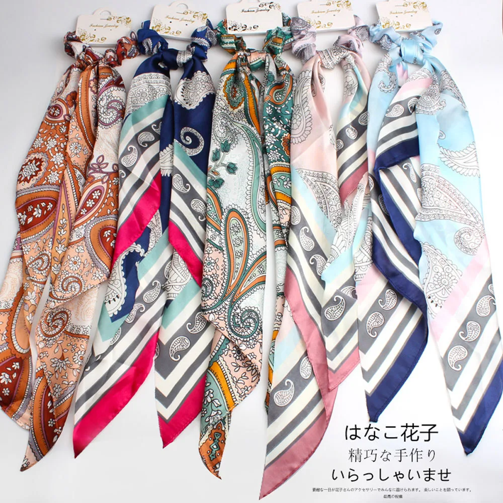

2019 Elegant Women Hair Scarf Long Ribbon Rubber Bands Print Elastic Hair Bands Scrunchie Ponytail Holder Hair Accessories