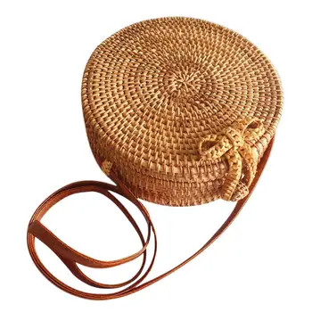 

Bohemia Style Hand-made Rattan Knits Round Bow Travel Beach Bag Retro Home Storage Bag