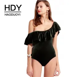 HDY Haoduoyi модные женские туфли Корректирующие боди для женщин темно зеленый бархат рюшами с открытыми плечами Bodycon боди пикантные Клубные
