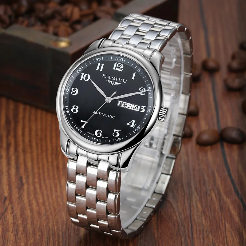 

KASIYU new fashion double calendar automatic mechanical movement precision steel band waterproof permeable business men's watch
