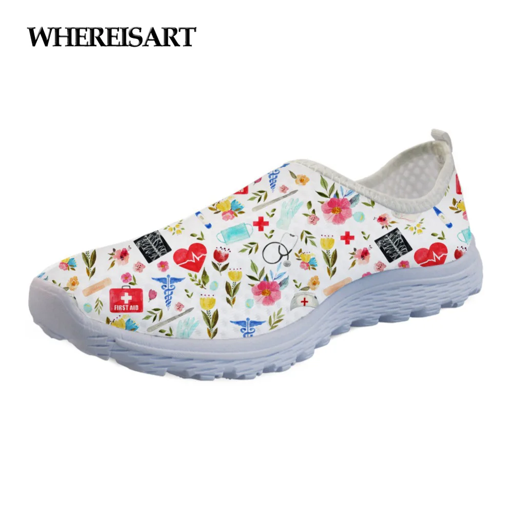 

WHEREISART Shoes Women Love to Care Medical Pattern Fashion Summer Flats Women's Sneakers Casual Slip-on Air Mesh Zapatos Mujer