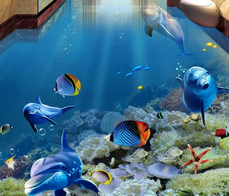 Виниловые обои на заказ 3d напольные с тропической рыбой и дельфином