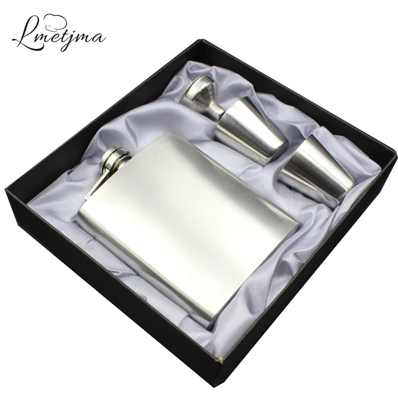 

LMETJMA 6oz 8oz Stainless Steel Hip Flasks Set With a Funnel Two Mugs Portable Pocket Wine Bottle Whiskey Hip Flask KC0329-6