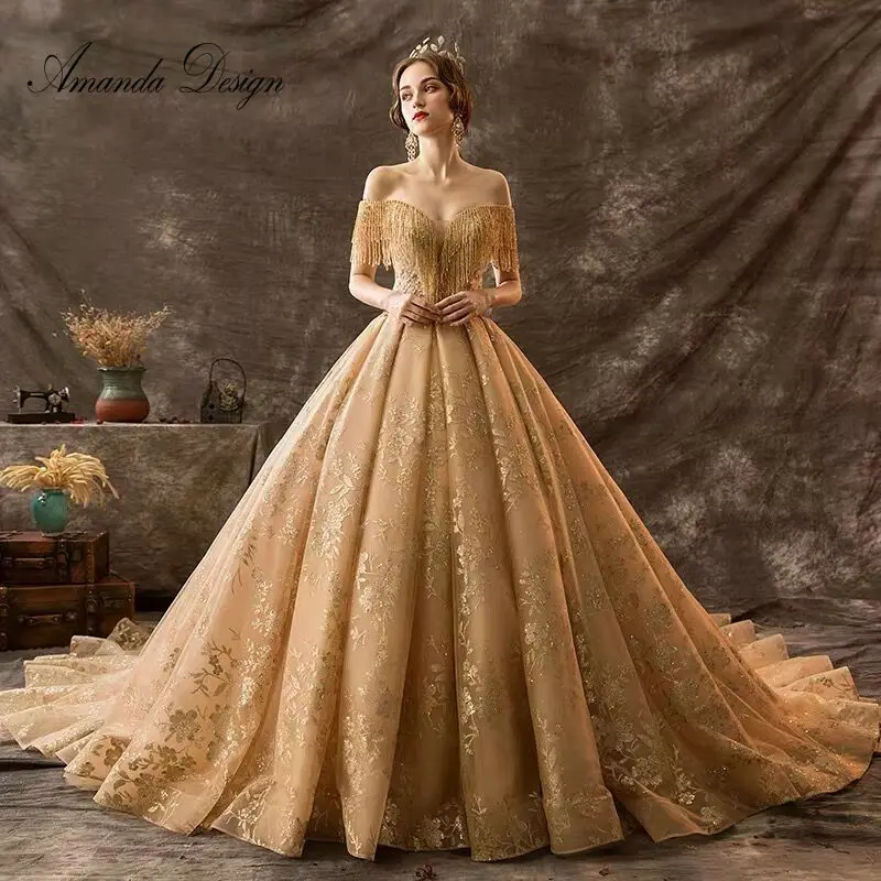 

Amanda Design High end Customized Off Shoulder Beading Handwork Long Train Luxury Golden Wedding Dress
