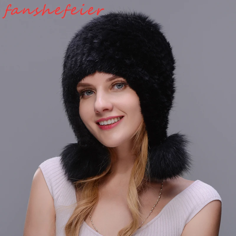 

Russian Korean version of the autumn and winter mink hat fur knit hat warm fashion ear cap 100% system thickening Cap