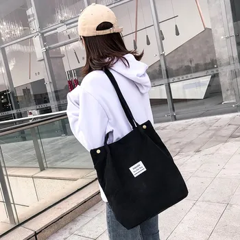 

High Capacity Women Corduroy Tote Ladies Casual Solid Color Shoulder Bag Foldable Reusable Women Shopping Shoulder Beach Bag
