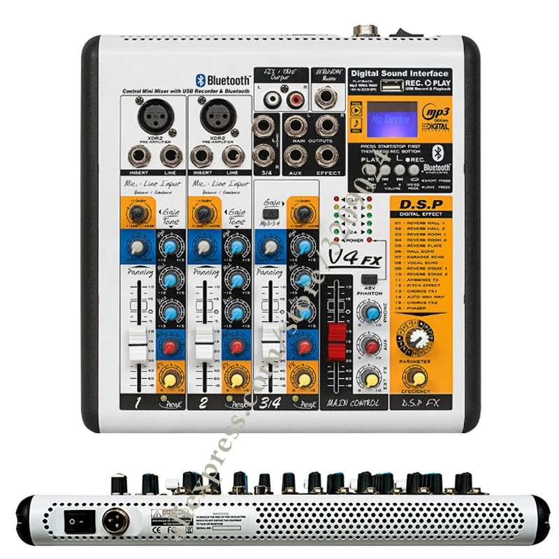 Pro 4 Channel Digital Effect Microphone Mixer Sound Power Mixer USB 48V Bluetooth Monitor 2 in