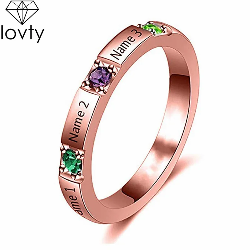 Lovty Мода на заказ 3 имена Rock N Rose выгравированное имя 925 Серебряный Primise кольцо персонализированные Обручение женское кольцо - Цвет основного камня: rose gold