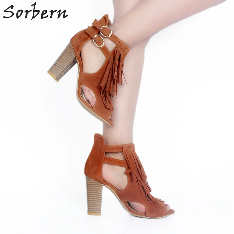 Sorbern Brown Tassel Open Toe Ankle Boots For Women Cut Out Side Shoes