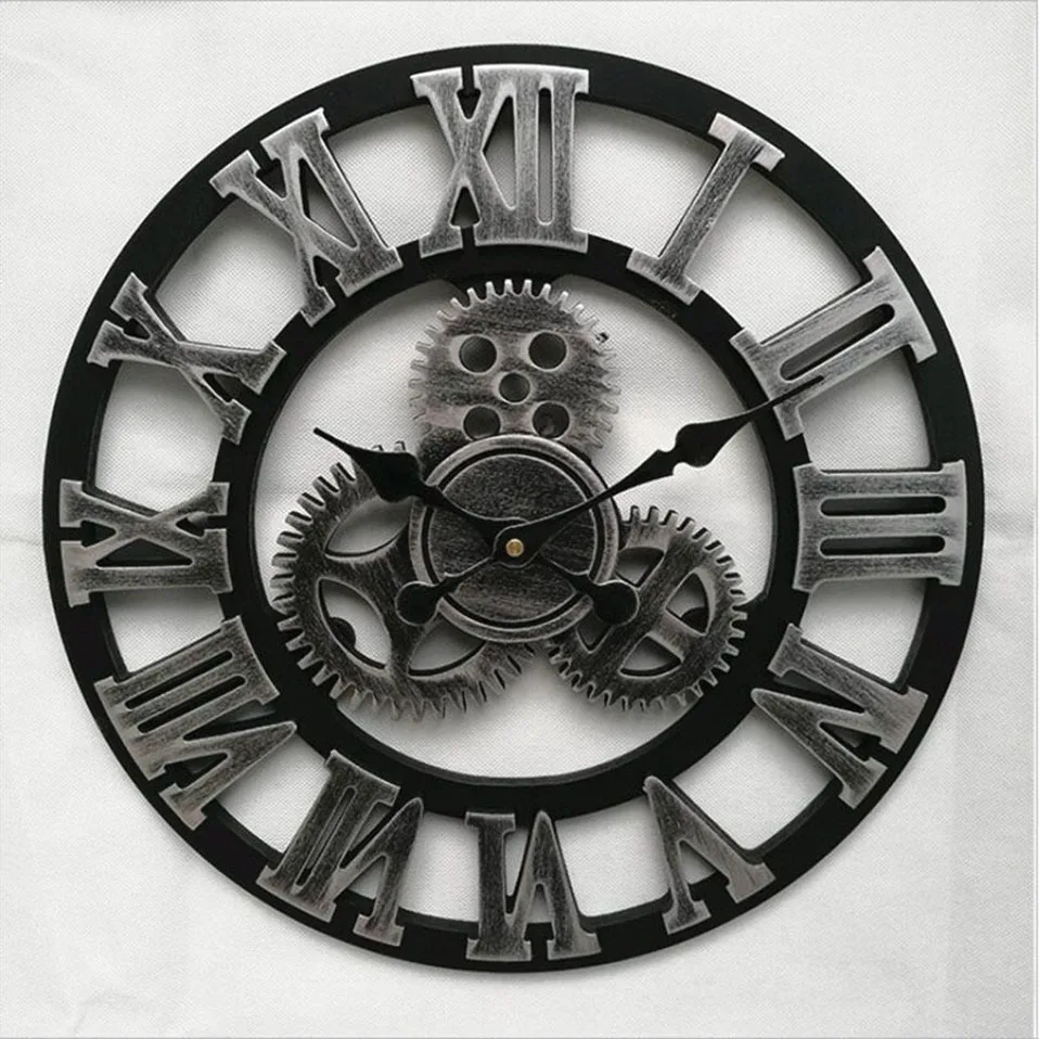 New Large Wall Clock Vintage Gear Clock American Style Living Room 3D