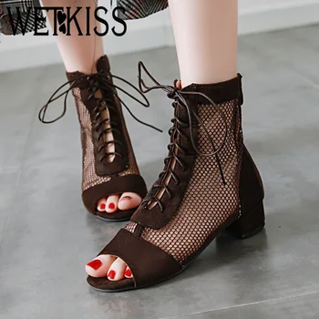 

WETKISS Thick Low Heels Boots Women Flock Ankle Boot Cross Tied Mesh Shoes Female Summer Shoes Peep Toe Shoes Woman 2019 Black