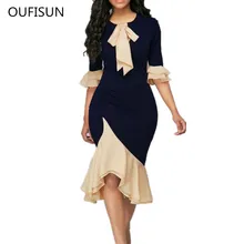 Oufisun, элегантные винтажные женские платья, сексуальные, с круглым вырезом, с галстуком-бабочкой, половина рукава, тонкие, нестандартные платья, вечерние, для клуба, женское платье размера плюс