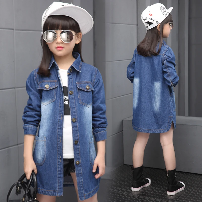 

WENDYWU NEW 2017 Jacket Children Girls Jackets and Coats Autumn Spring 2017 New Girls Outwear Jeans Jacket Kids Long Denim Shirt