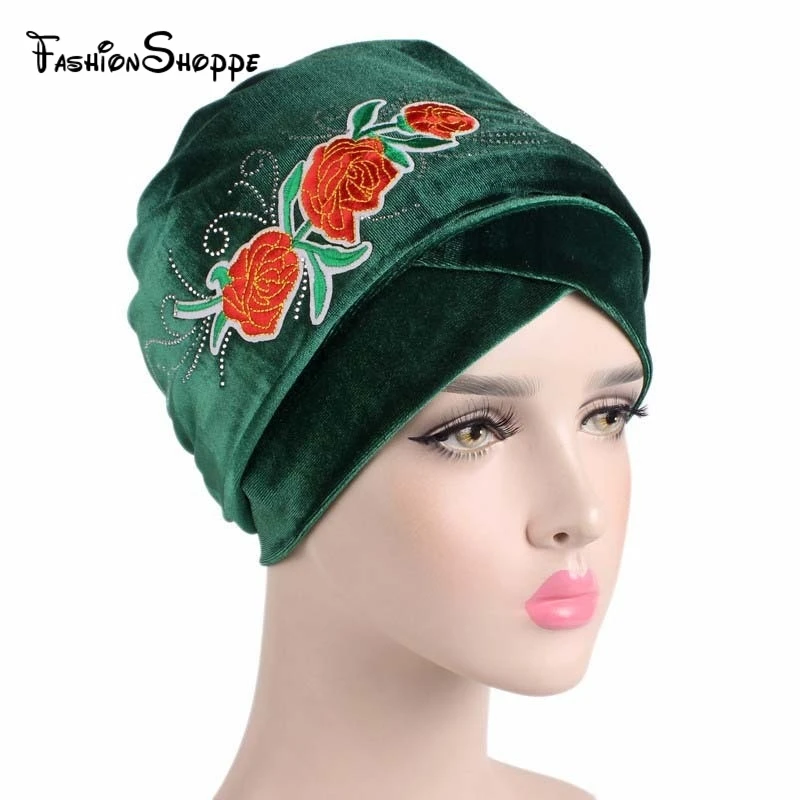 New fashion Luxury Velvet Nigerian Turban with rhinestoned rose flower Hijab Extra Long Tube