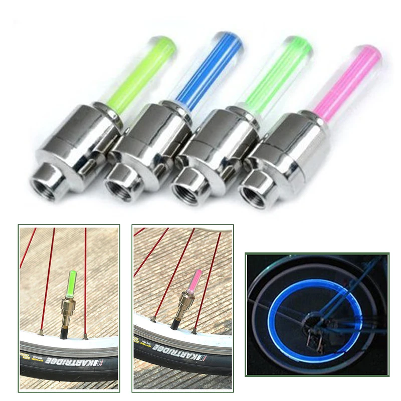 

4 PCS Cycling Copious Type Wheel Tire Valve Cap Spoke Core Gas Nozzle Neon LED Warning Safety Lamp Lights Bicycle Accessories