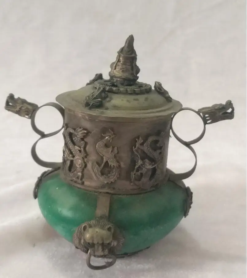 Коллекция тибетский серебряный ручной работы Нефритовый камень ладан горелка, домашнее животное античный металл курильница
