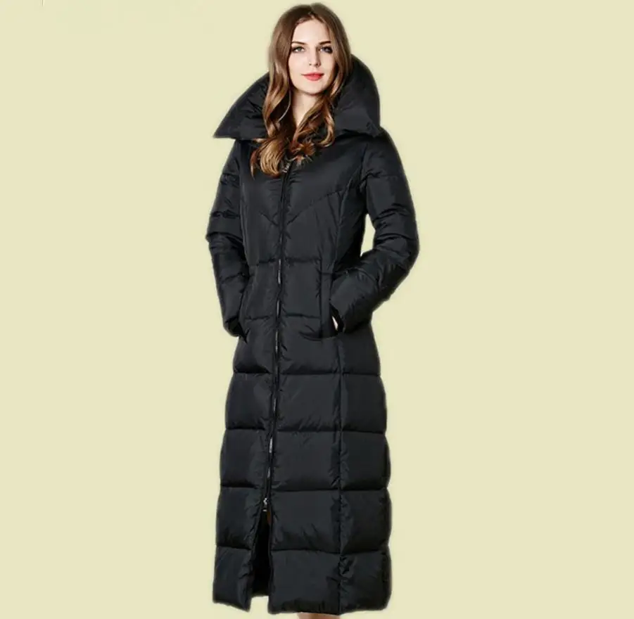 Женский тонкий длинный пуховик, зимняя куртка, утиный пух, капюшон, теплый, модный, высокое качество