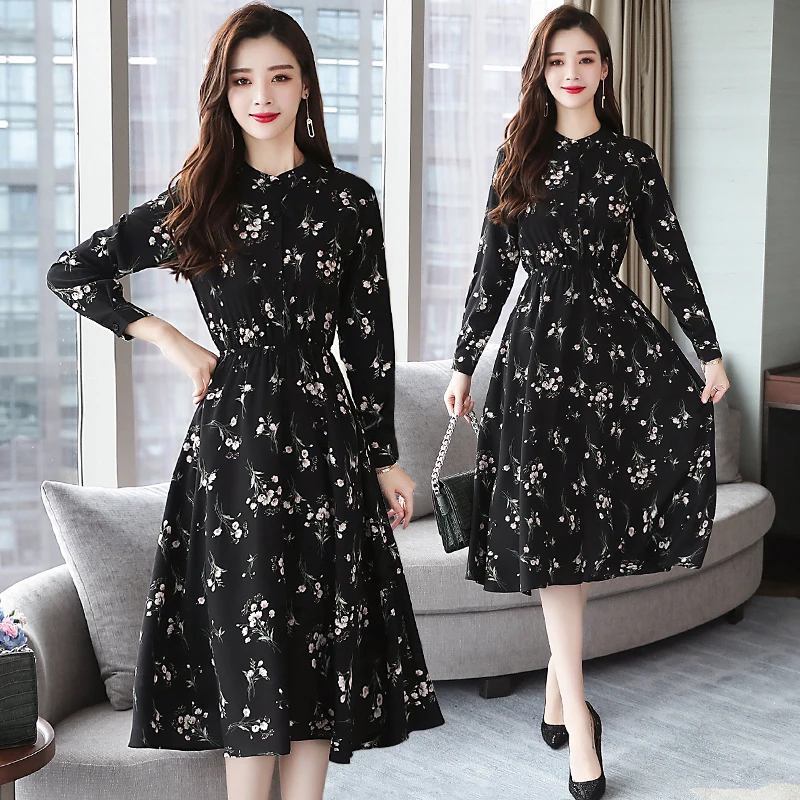 Spring Black Vintage Floral Chiffon Midi Dress Large Size Boho Dress ...