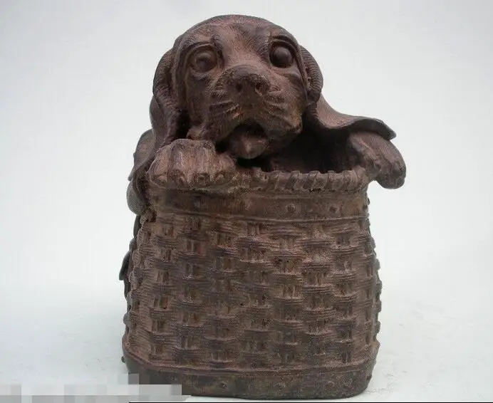 

Chinese regius Pure Bronze Carve Hiding in the bamboo basketry lovely Dog statue