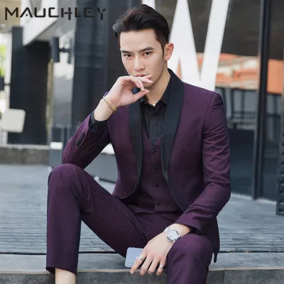 

Wedding Prom Suits for Men Slim Fit 3 Pieces / Set ( Jacket + Vest+Pants) Tailored Suits Wine Red Floral Jacquard 2018 MAUCHLEY