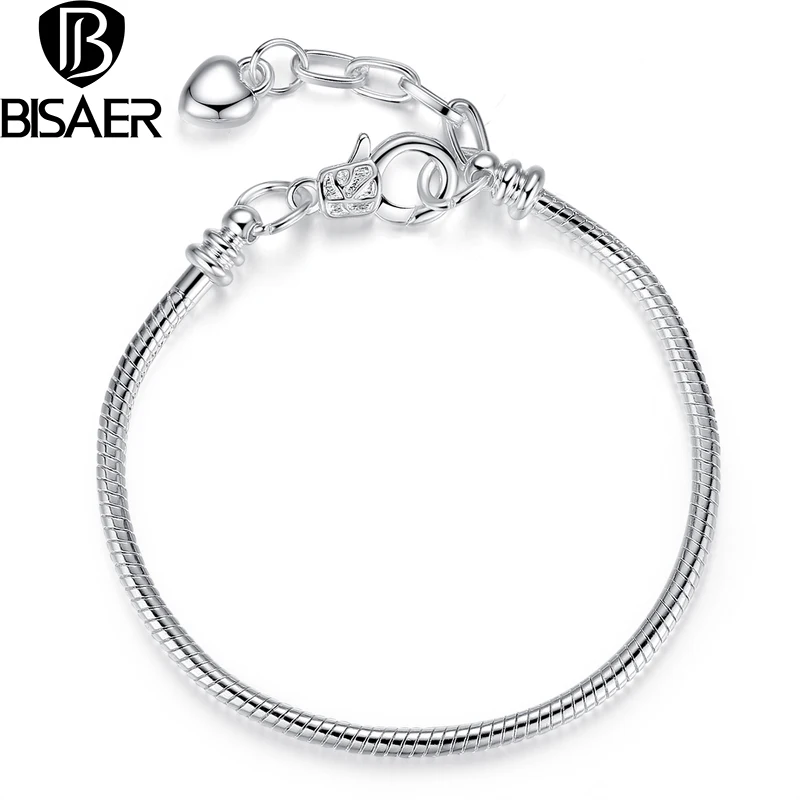 

BISAER European Silver Plated + Copper Heart Chain Bracelet Adjustable fit for Bead Charms 18.5-21CM HJ9002