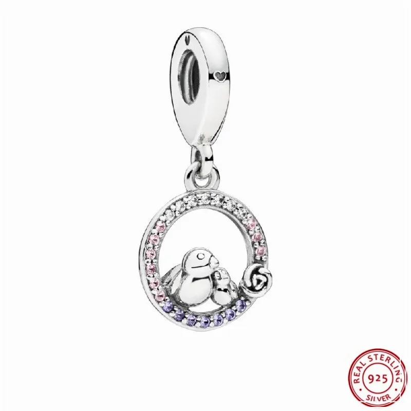 Мягкие розовые кристаллы Ясно CZ матери и ребенка птица качает шарики для самостоятельного изготовления ювелирных изделий Fit Подвески Пандора Серебро 925 первоначально FL732