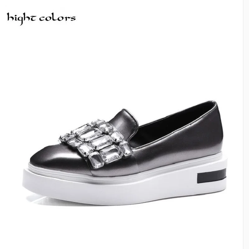 

HIGHT COLORS Patent Leather Rhinestone Women Shoes Flats Gray Green Loafers Slip On Shoes Woman Pearl Size 34-43 HC1815