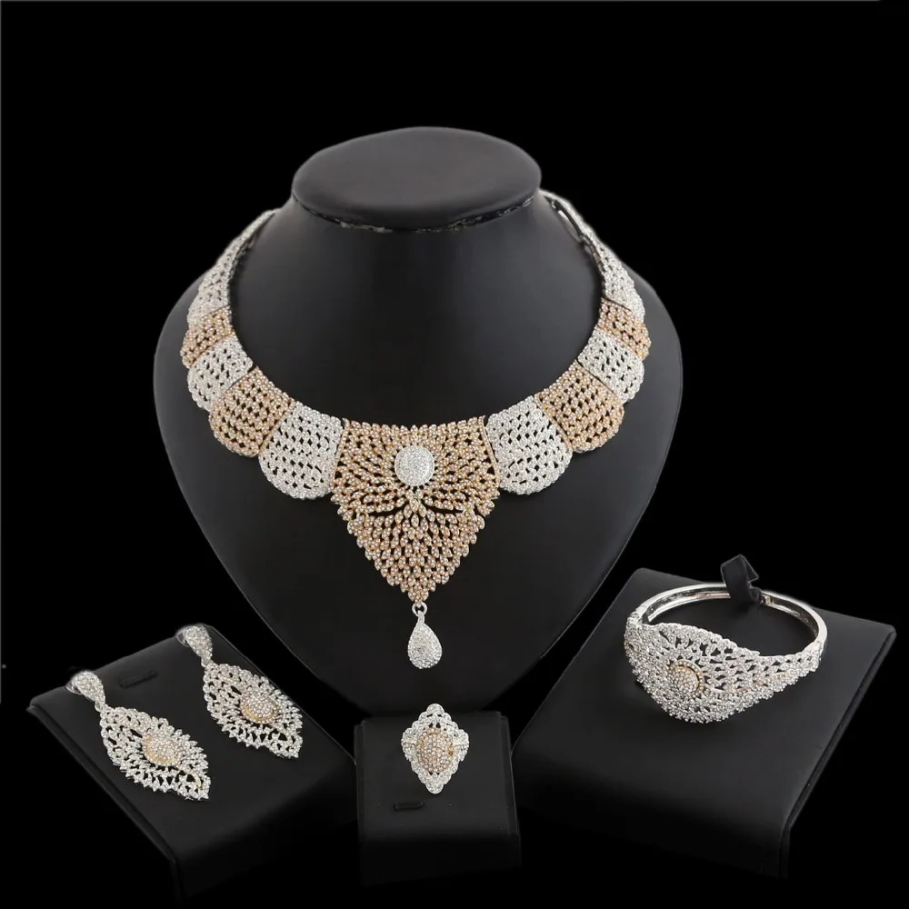 

Yulaili Fashion Factory Customized Three Color Square Rings Decorated Dubai Necklace Bracelet Ring Earrings Jewelry Sets