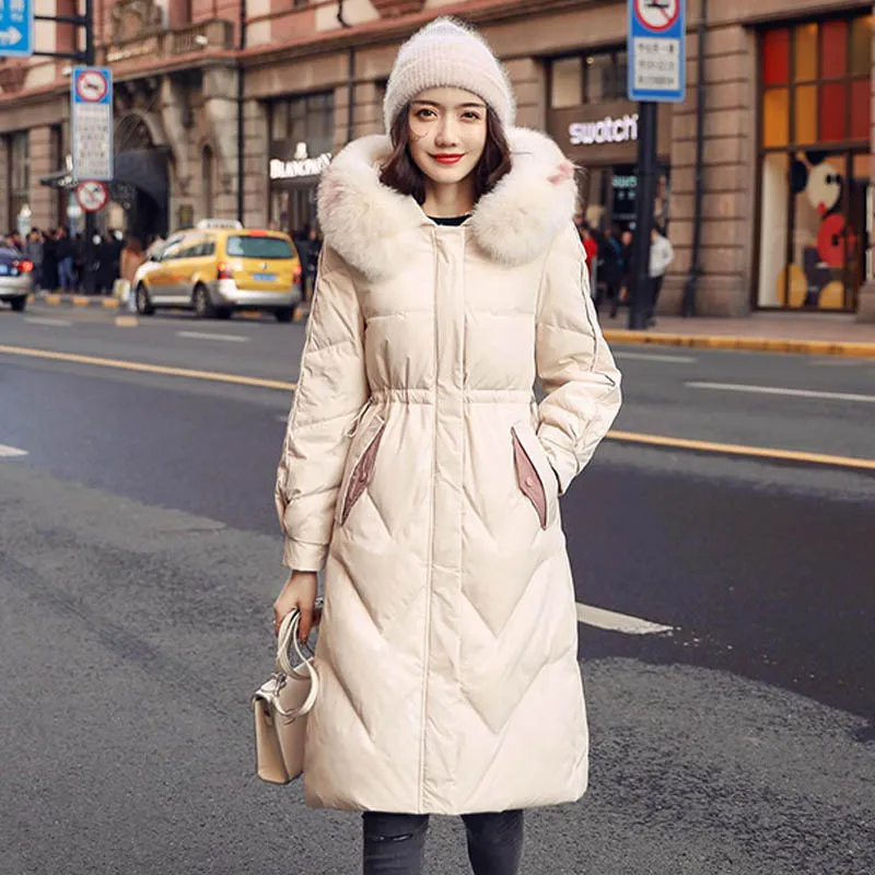 

Women's Duck Down Jacket 2019 Winter Coat Women Large Real Fox Fur Collar Warm Slim Female Parka Hooded Long Down Jacket