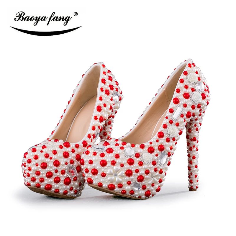 BaoYaFang Beige and red beads Mix women wedding shoes 8cm/11cm/14cm platform shoes high shoes fashion ladies big size Pumps