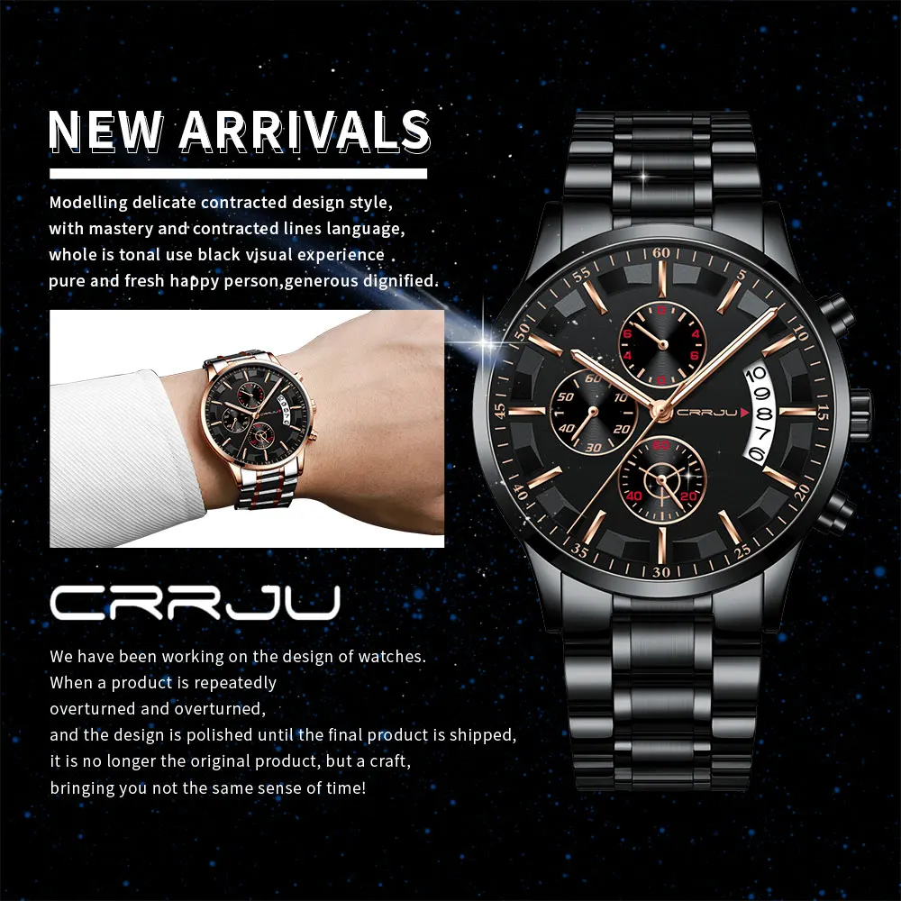 Мужские часы CRRJU Топ бренд водонепроницаемые спортивные часы с хронографом мужские повседневные кварцевые часы из нержавеющей стали Relogio Masculino