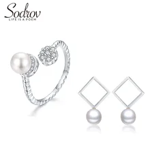 SODROV белая жемчужина ювелирное изделие набор для женщин Элегантный кольцо из стерлингового серебра 925 и серьги Серебряный набор 925 Gfits
