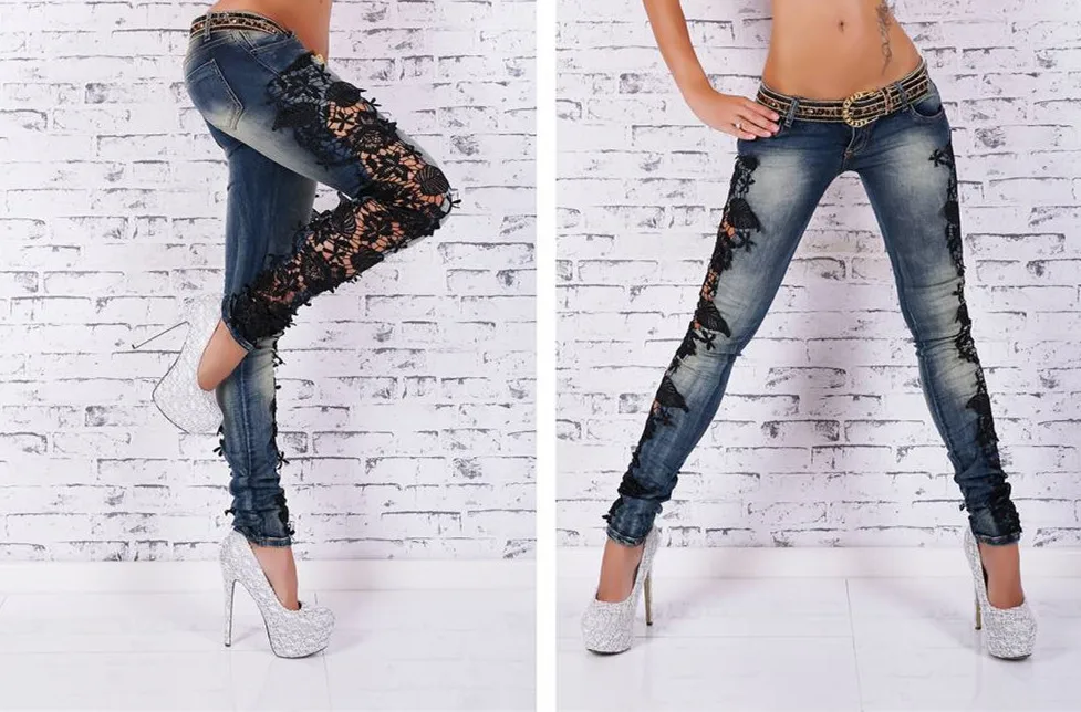 2016 New arrival Hot Women Fashion Slim Skinny Lace Crochet Stretch Denim Jeans Hollow Out