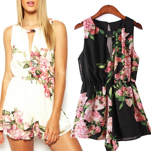 rompers chiffon jumpsuit mono backless sleeveless european floral plus summer