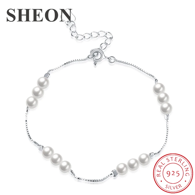 

SHEON Authentic 925 Sterling Silver Delicate And Simple Pearl Bracelets Elegant Link Chain For Women Stering Silver Jewelry