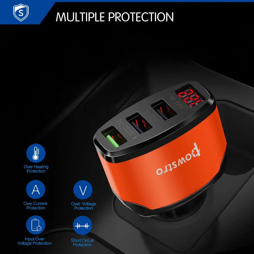 Powstro 3.0 Fast Charging 3-Way USB Mobile Car Charger