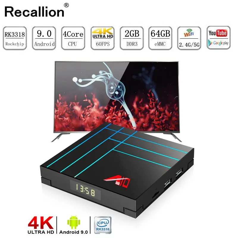 

RECALLION RK3318 Quad-Core Android 9.0 Smart TV BOX 4G DDR3 64G EMMC ROM Set Top Box 4K 3D H.265 Wifi media player TV Receiver