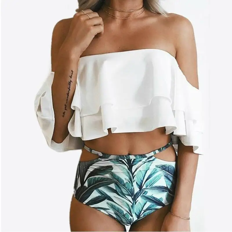 

High Waist Woman Sexy Bikini Set Swimsuits padded Ruffle bra Top Vintage Bandeau Swimwear Beachwear Bathing Suits S-XL
