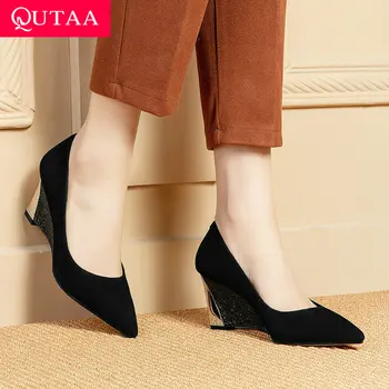 

QUTAA 2019 Cow Suede Fashion Women Shoes Pointed Toe Wedges Heel All Match Slip on Spring/ Autumn Ladies Pumps Size 34-39