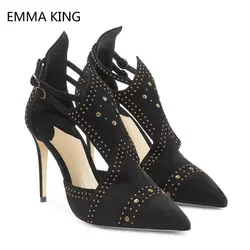 Черные замшевые туфли-лодочки, женская обувь с заклепками, острый носок, пикантная обувь на шпильках, кожаные дизайнерские женские туфли на