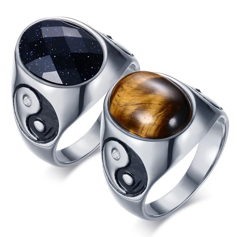 Amazing Stainless Steel Oval Tiger Eye Brown Stone with Yin Yang Symbol Ring Gif