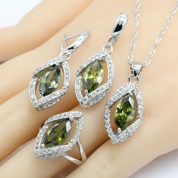 925 серебряные ювелирные наборы для женщин оливково-зеленый кубический цирконий браслет серьги ожерелье кулон кольца подарочная коробка - Окраска металла: 3PCS