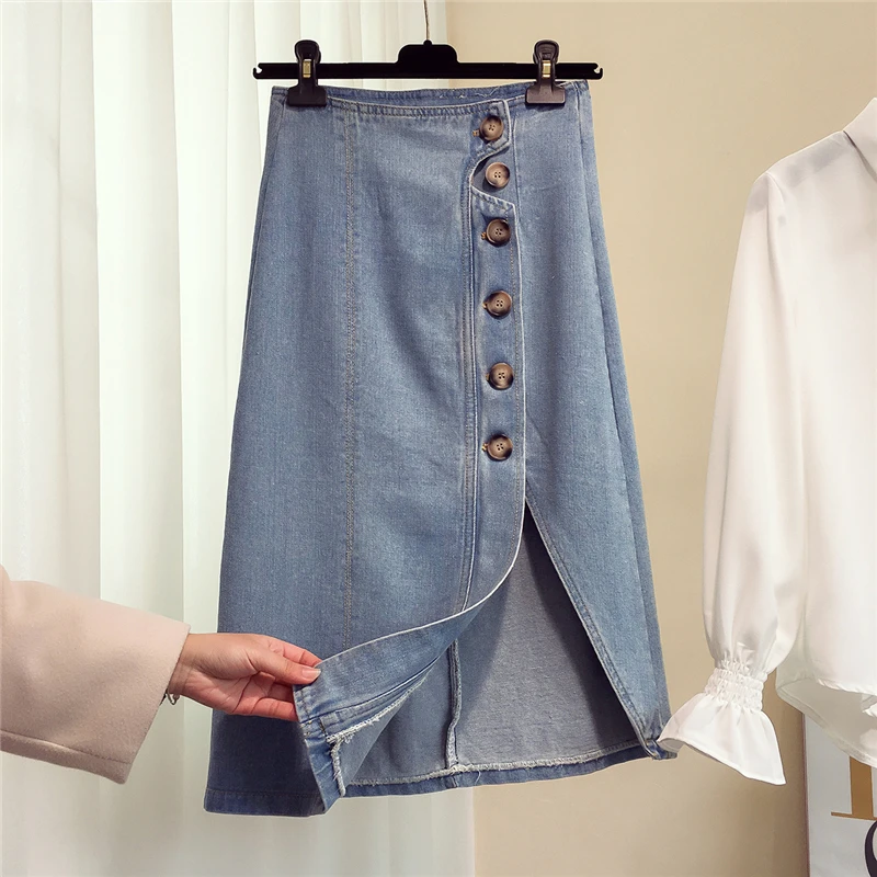 Летние белые синие джинсовые юбки женские с высокой талией размера плюс дизайн с разрезом пуговицы Карманы джинсовая юбка Повседневная миди юбка куртка