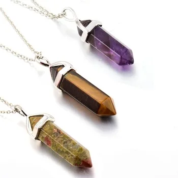 Fashion New Natural Stone Pendant Hexagonal Column White Pine Amethyst Yellow Tiger Eye Necklace Pendant Boy Girl Jewelry