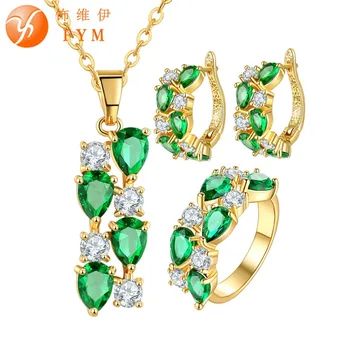 

FYM Women Wedding Bridal Mona Lisa Jewelry Sets Yellow Gold Color Cubic Zirconia Pendant Necklace Hoop Earring Rings Sets