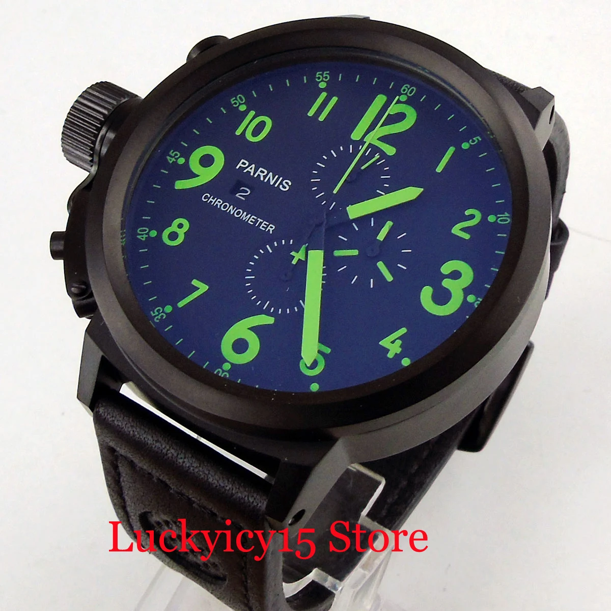 

PARNIS Quartz Men's Watch Chronograph Function 50mm PVD Watch Case Green Marks Left Crown
