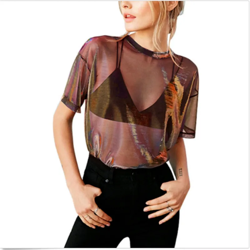 Женская футболка из сетчатой ткани с коротким рукавом, прозрачная Светоотражающая футболка, Сексуальные вечерние футболки для клуба, уличная одежда, модная летняя винтажная одежда - Цвет: As Photo Shows